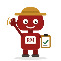 Howdy, a red robot in a gold ranch hat, waving