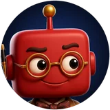 Ledger, a square-headed red robot in a tweed jacket and bow tie holding a stack of books