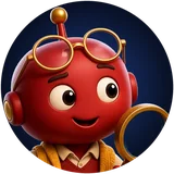 Marbles, a round red robot in a mustard cardigan holding a gold magnifying glass