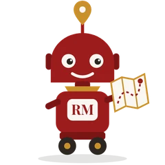 Rover, a red robot on wheels with a map-pin antenna holding a folded map